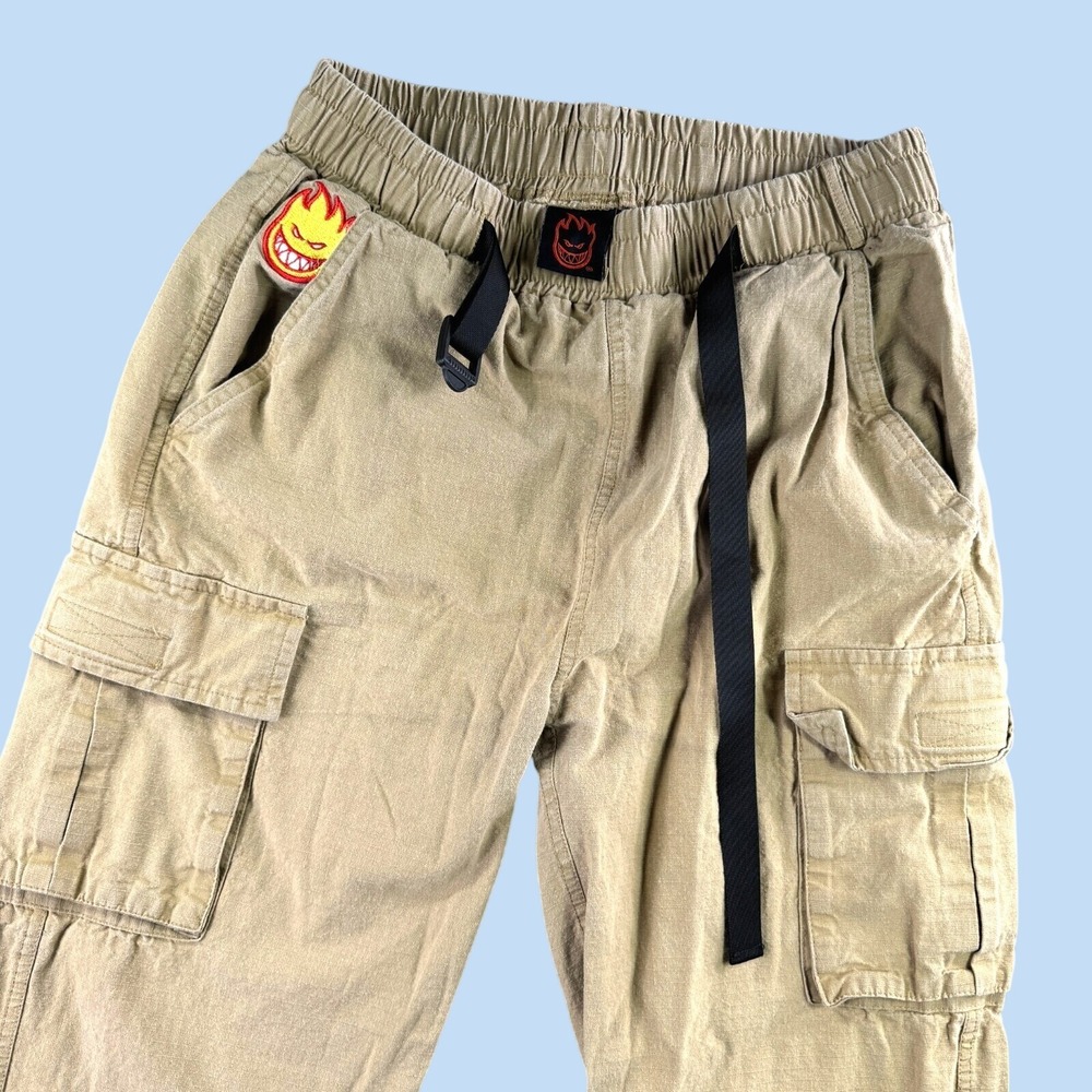 Spitfire Wheels Cargo Pants Unisex XS Tan Ripstop Bighead Patch Skate Streetwear